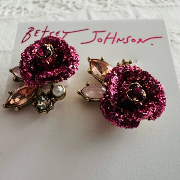 Betsey Johnson Glittering Pink Rose Earrings - Picture 4 of 5